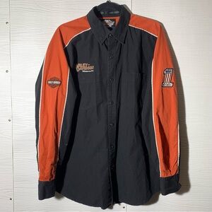 Vintage Harley-Davidson Black Orange #1 Logo Garage Shirt Button-Up M